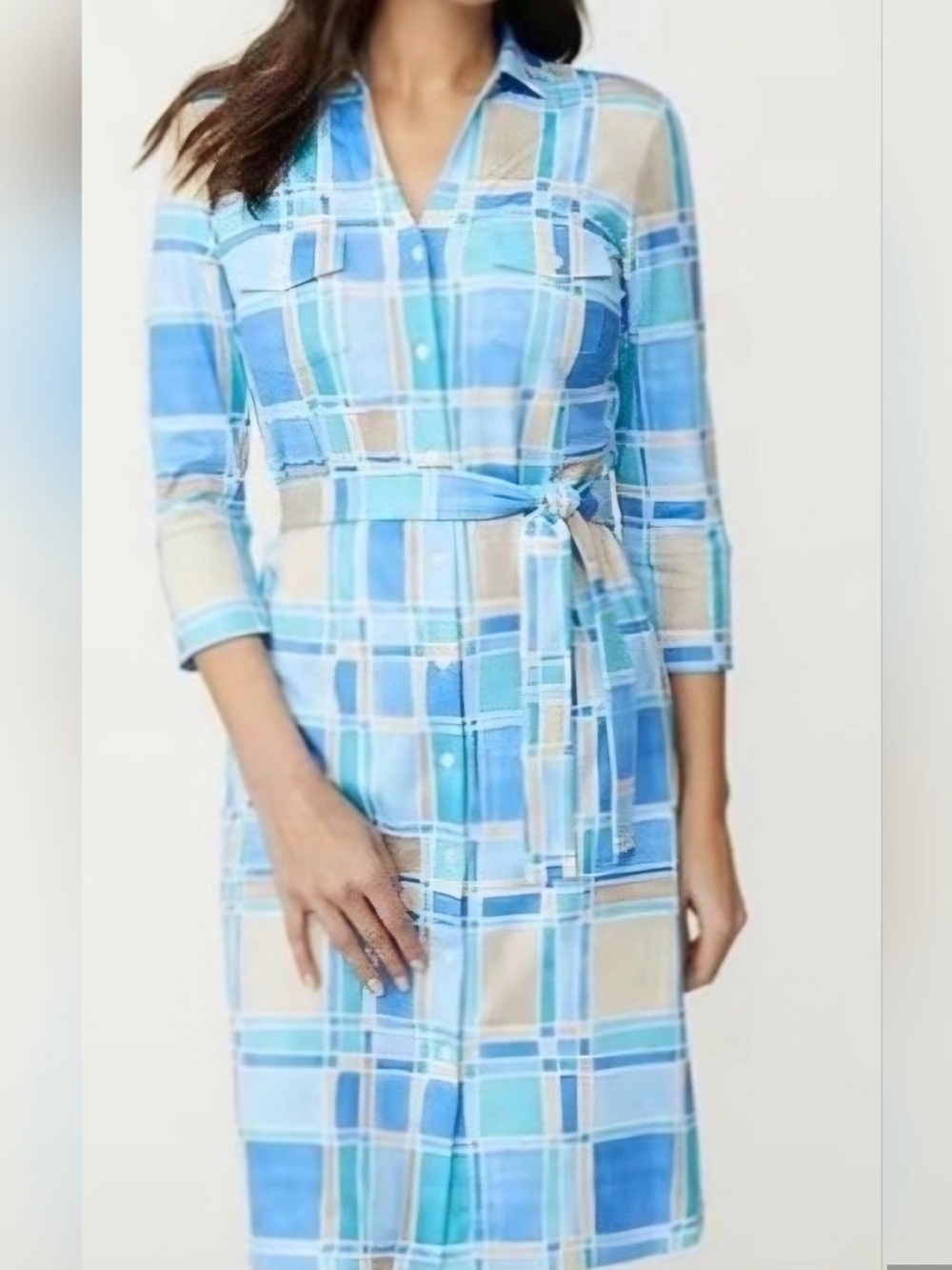 J. McLaughlin Brynn Shirt Dress Size Large Paintbrush Print Blue Catalina Fabric